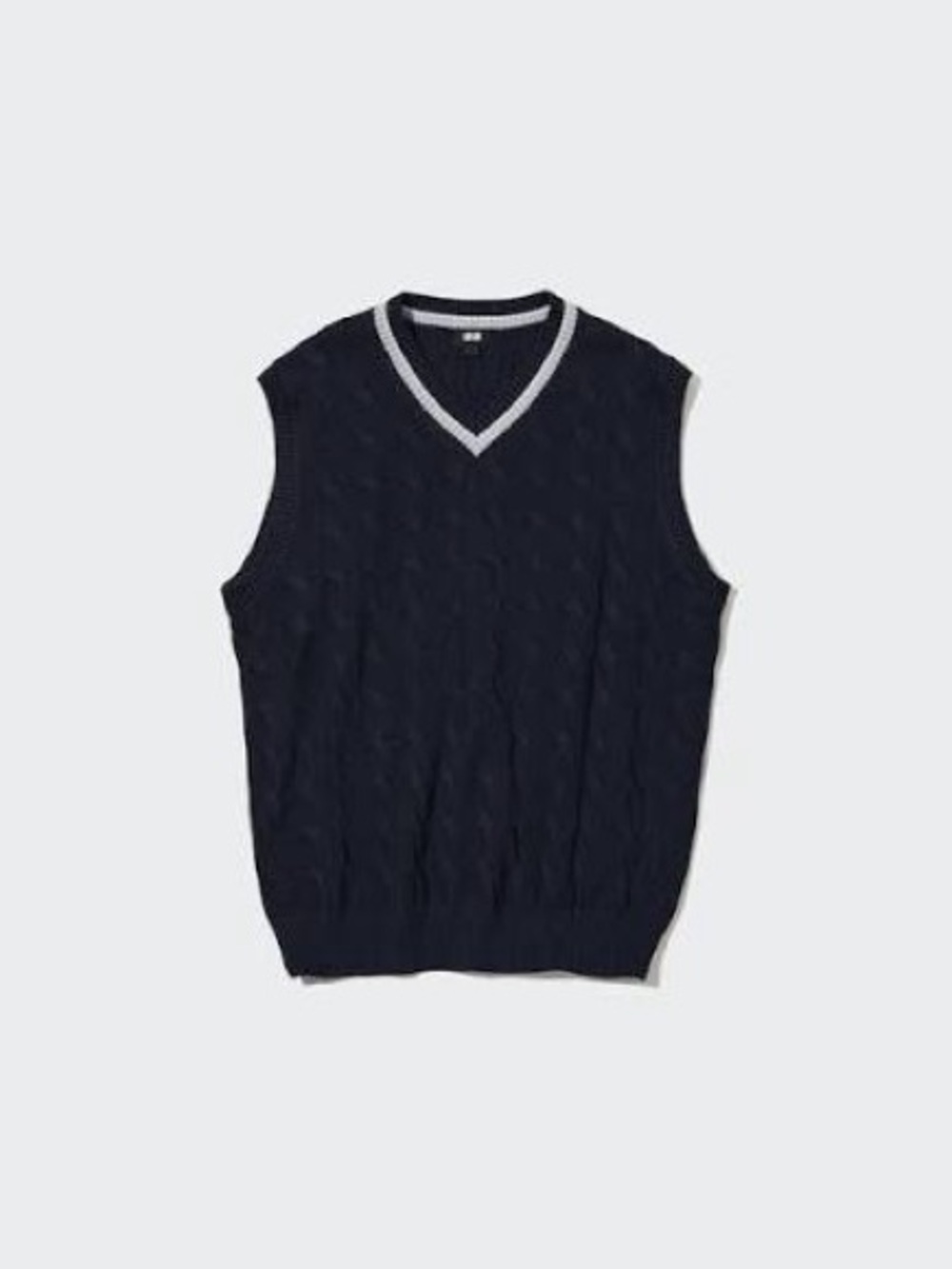 Uniqlo Navy V-Neck Cable Knit Vest with Light Trim